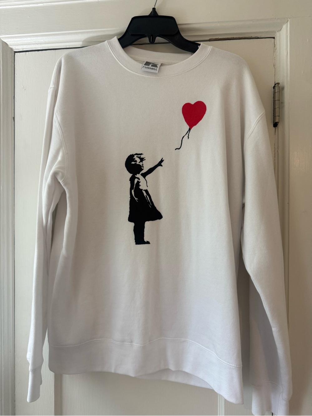 Russell Athletic White Sweatshirt with Black Girl and Red Heart Balloon Graphic